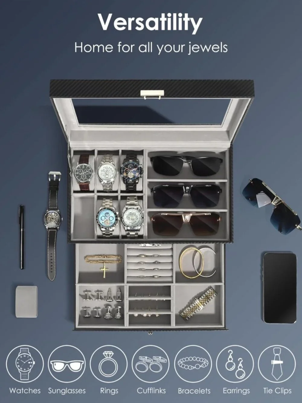Men's Jewelry Box Organizer - 6 Watch Slots & 3 Sunglasses Compartments - Grey